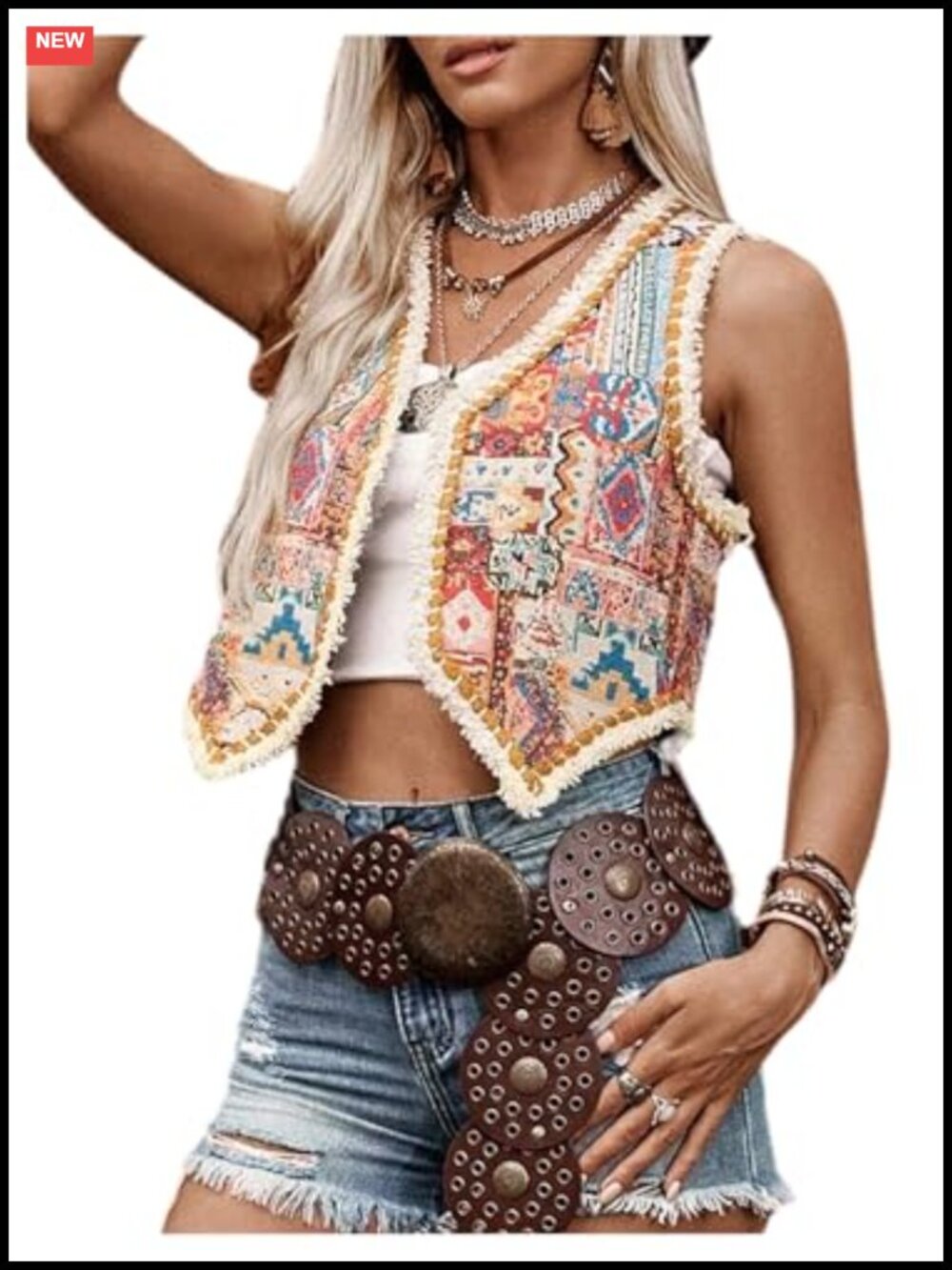 Vintage Boho Crop Vest, Sleeveless Embroidered Fringe Trim Open Front
